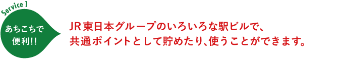 Service1:JR東日本グループのいろいろな駅ビルで、共通ポイントとして貯めたり、使うことができます。 Service1:JR東日本グループのいろいろな駅ビルで、共通ポイントとして貯めたり、使うことができます。