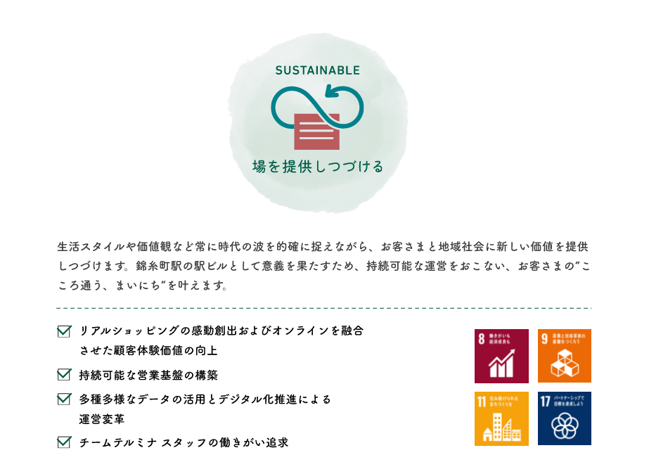 生活スタイルや価値観など常に時代の波を的確に捉えながら、お客さまと地域社会に新しい価値を提供しつづけます。錦糸町駅の駅ビルとして意義を果たすため、持続可能な運営をおこない、お客さまの“こころ通う 、まいにち”を叶えます。